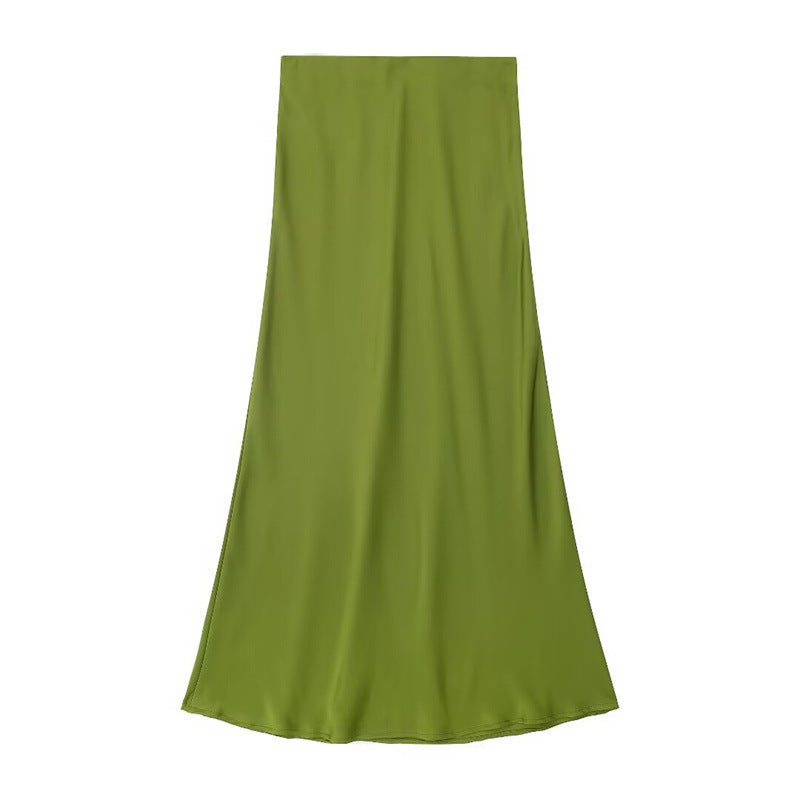 Solid Color Slim Silk Satin Texture Midi Skirt - kinko