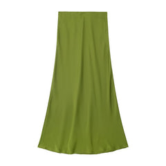Solid Color Slim Silk Satin Texture Midi Skirt - kinko