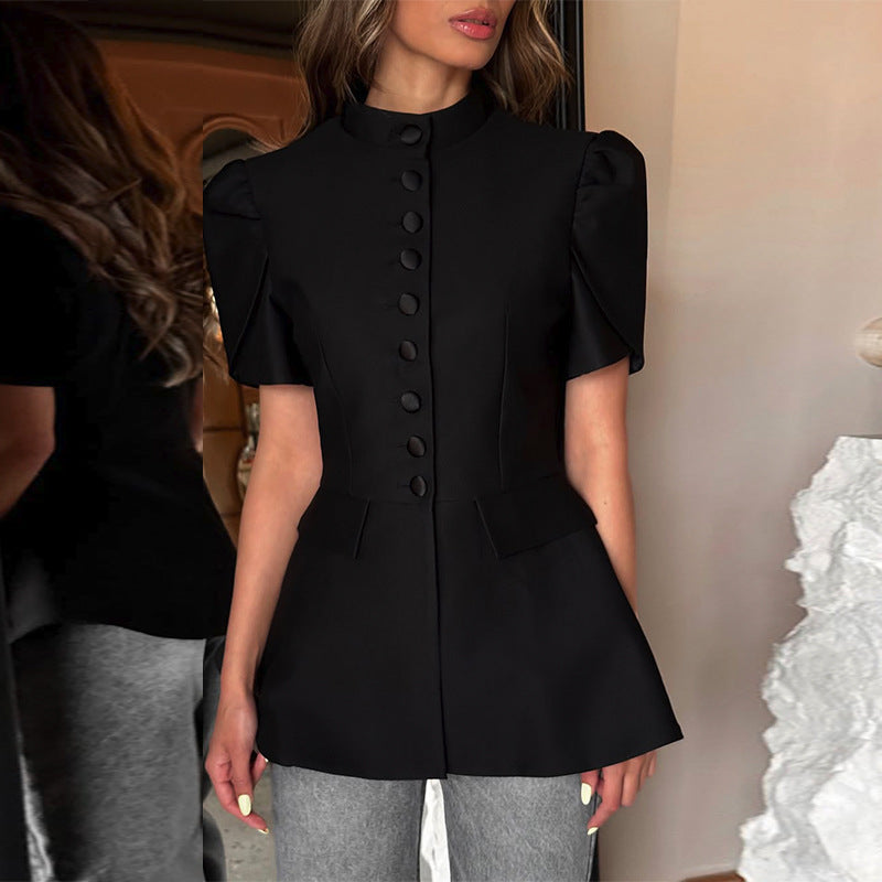 Stand Collar Single-breasted High-waist Blouse - kinko