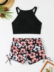 Vest High Waist Drawstring Conservative Split Boxers Bikini Swimsuit - kinko