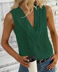 Ruched V Neck Blouse, Casual Sleeveless Solid Versatile Blouse, Women's Clothing - kinko