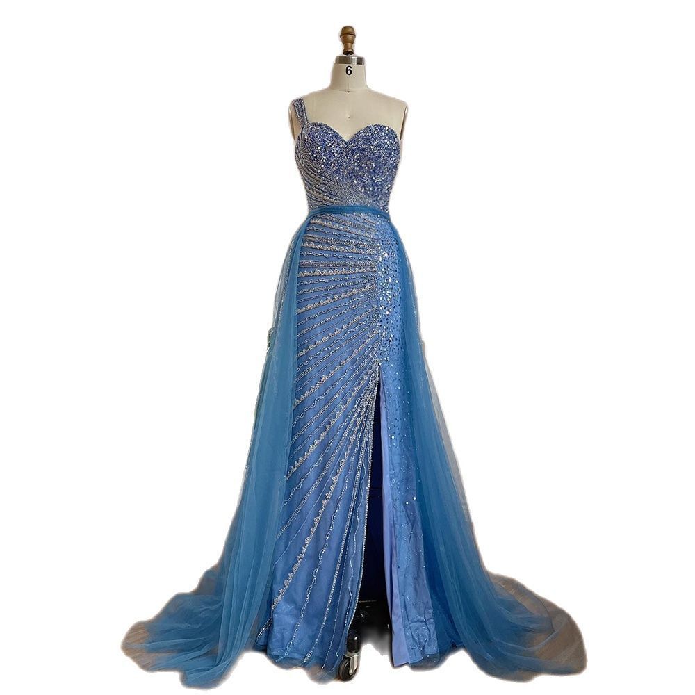 Blue Handmade Beaded Split Shoulder Fishtail Dress - kinko