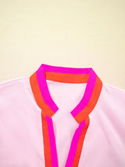 Contrast Trim Notched Short Sleeve Blouse - kinko