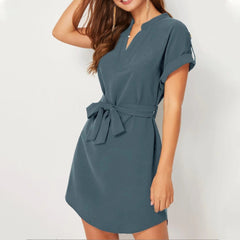 V-neck Short Sleeve Dress With Belt Summer Fashion Bowknot Dresses For Women Clothing - kinko