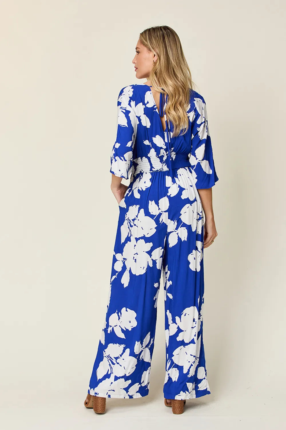Double Take Full Size Printed Tie Back Wide Leg Jumpsuit - kinko