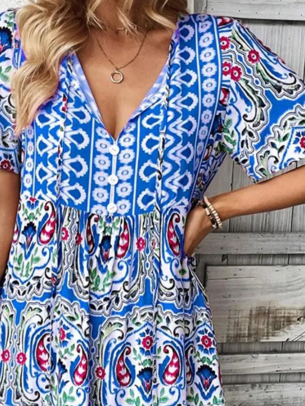 Printed Tie Neck Short Sleeve Dress - kinko