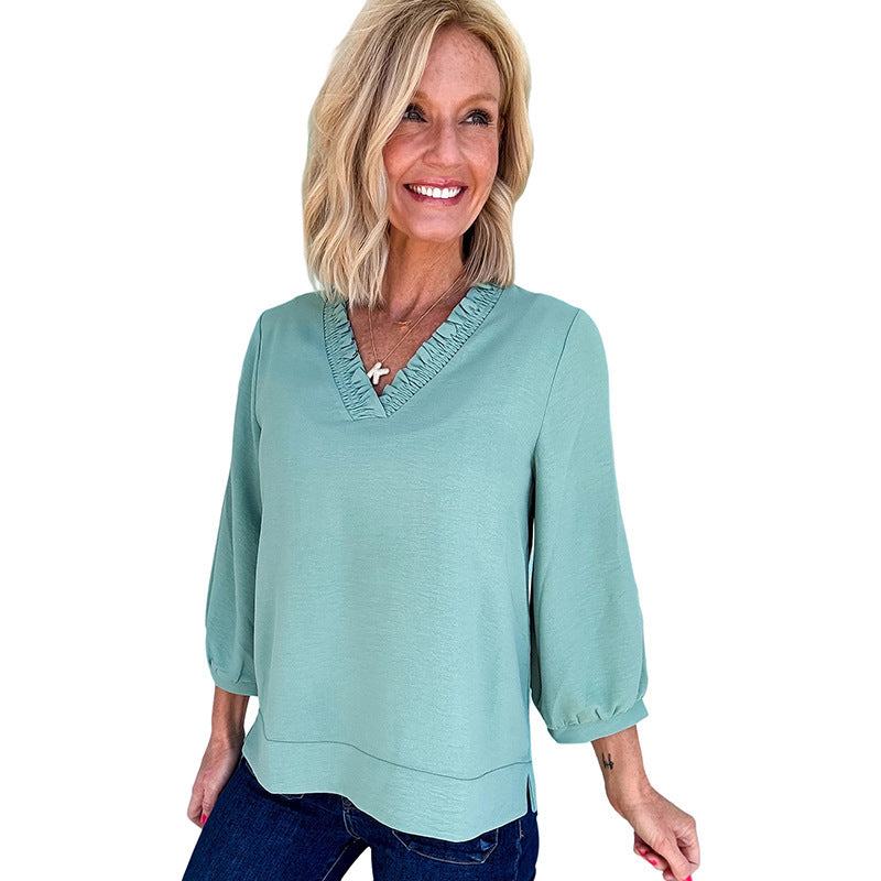 Solid Color And V-neck Women's Loose Casual Chiffon Shirt Top - kinko