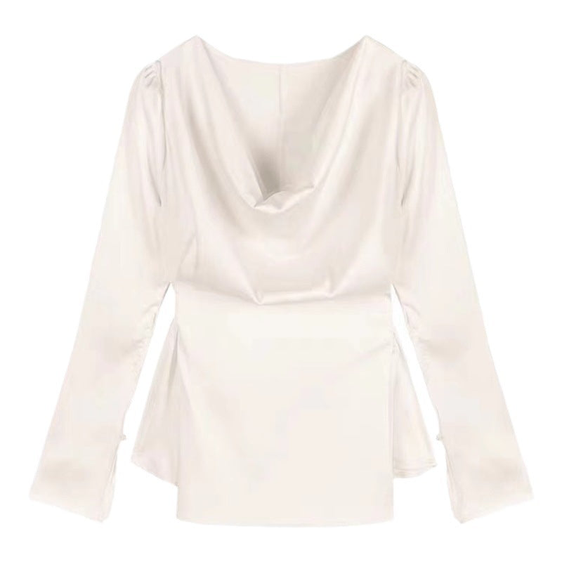 High-end Irregular Bell Sleeve Waist-tight Graceful Satin Long Sleeve Shirt - kinko
