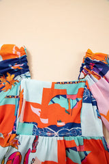 Printed Square Neck Ruffled Short Sleeve Blouse - kinko
