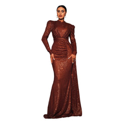 Long Sleeve Round Neck Sexy Slim Long Sequined Banquet Dress - kinko