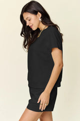 Double Take Full Size Texture Short Sleeve T-Shirt and Drawstring Shorts Set - kinko