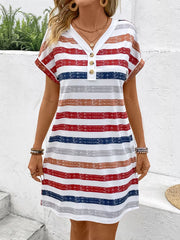Striped V-Neck Short Sleeve Dress - kinko