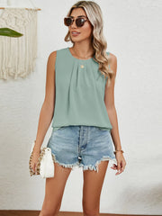 Round Neck Sleeveless Top with Pleated Front Detail - kinko