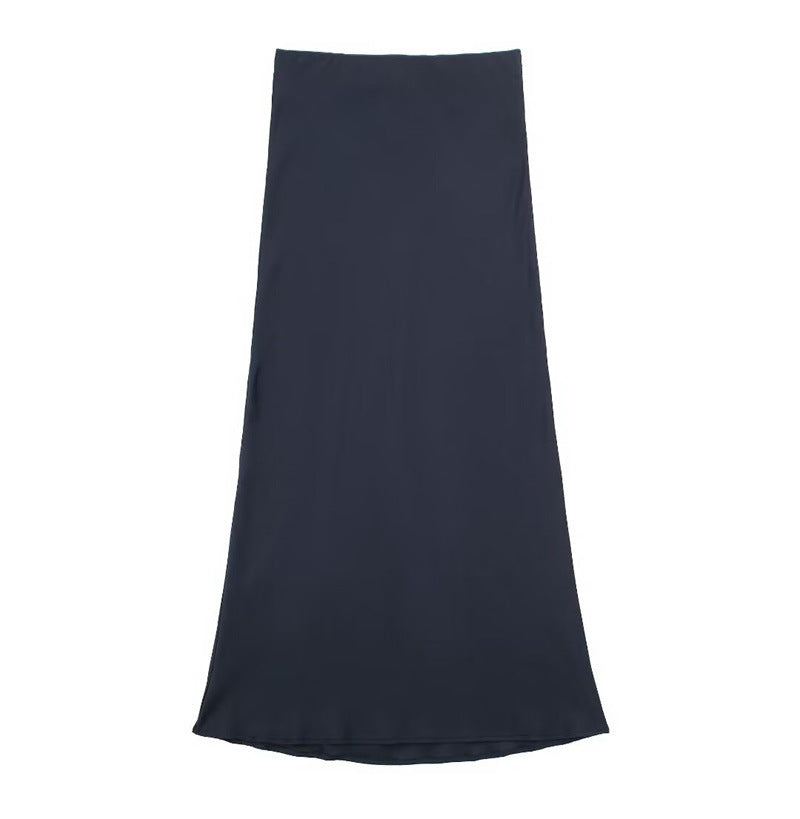 Solid Color Slim Silk Satin Texture Midi Skirt - kinko