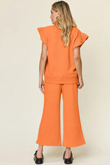 Double Take Texture Ruffle Short Sleeve Top and Drawstring Wide Leg Pants Set - kinko