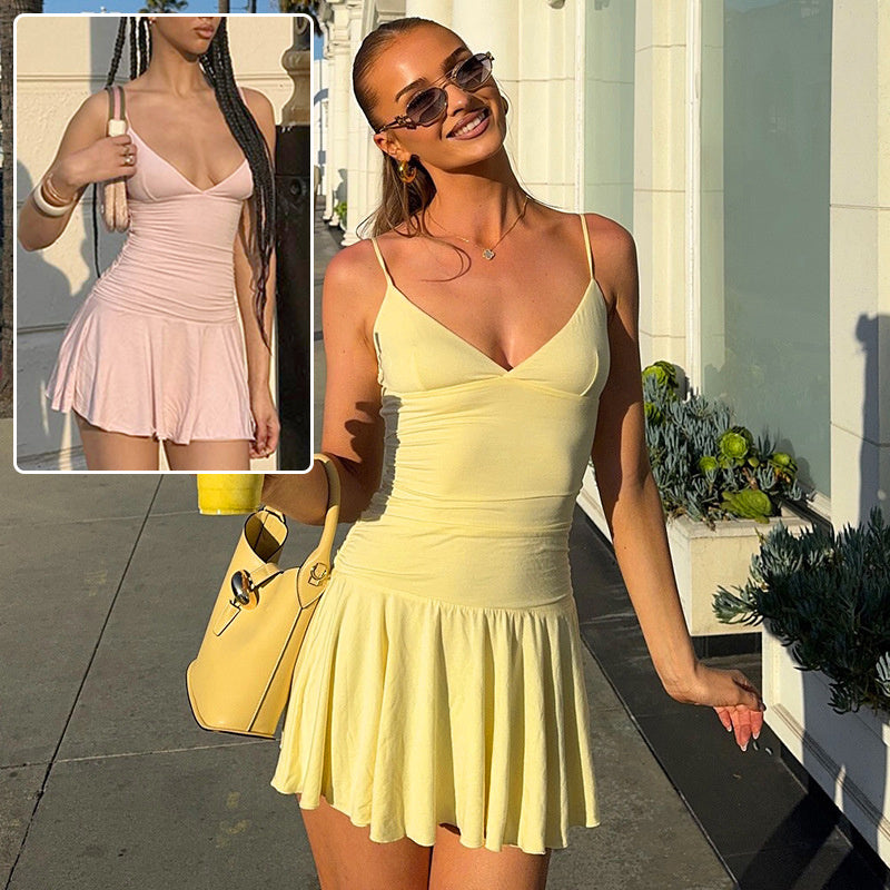 Sexy V-neck Suspender Dress Y2K Fashion Slim Ruffled Short Dresses For Women Clithing - kinko