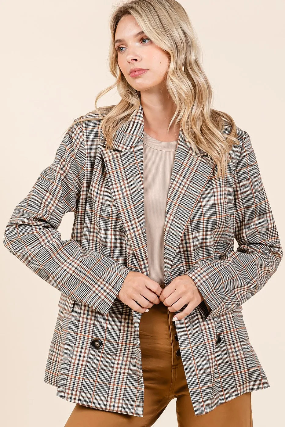 Mittoshop Plaid Double Breasted Relaxed Fit Blazer - kinko