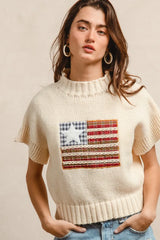 BiBi American Flag Patchwork Drop Shoulder Sweater - kinko