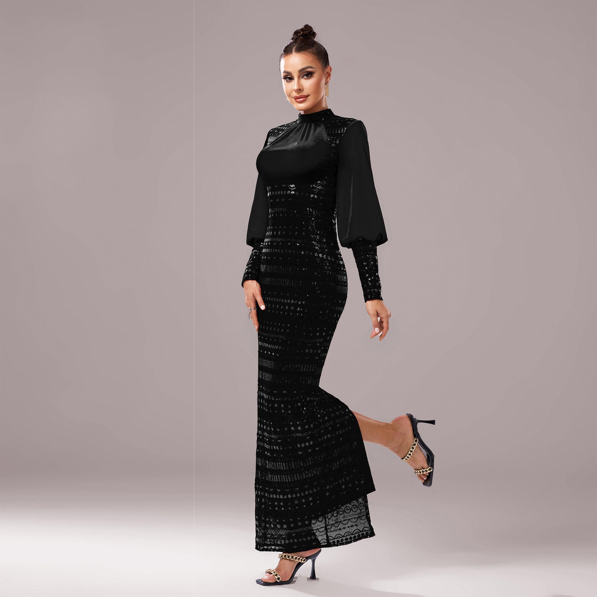 Long Sleeve Round Neck Sequins Slit Evening Dress - kinko