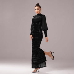Long Sleeve Round Neck Sequins Slit Evening Dress - kinko