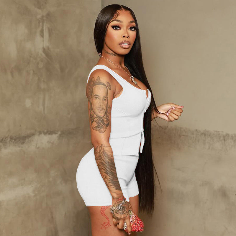 Women's Sexy Exercise Sleeveless Zipper Vest Top Tight Shorts Two-piece Suit - kinko