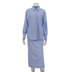Cotton Lapel Long Sleeve Cardigan Top Split Skirt Commuting Suit - kinko