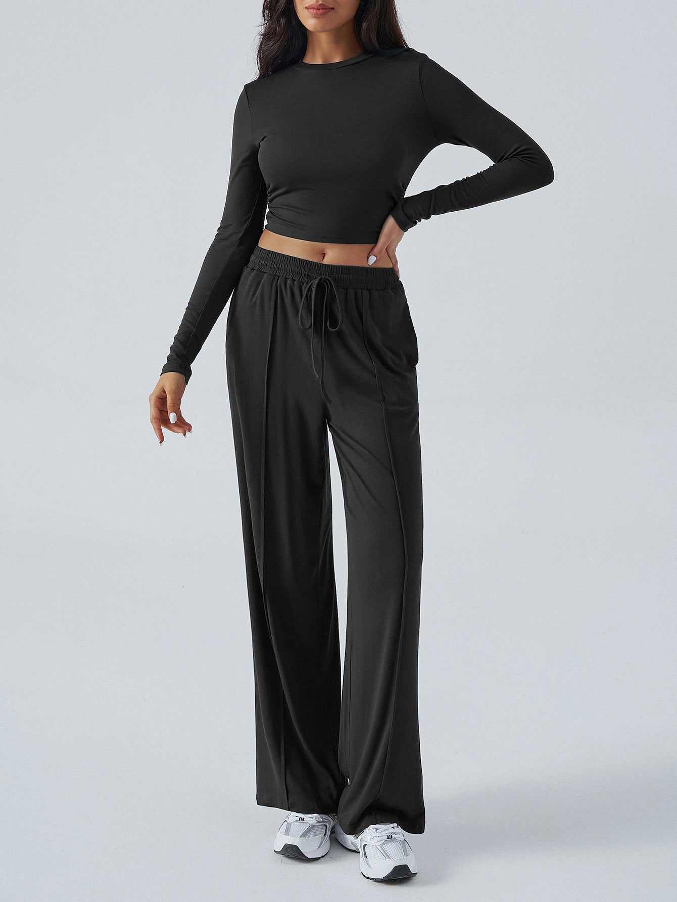 Tether Solid Color Waist Tight Fashion Wide Leg Casual Trousers Suit - kinko