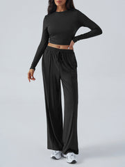 Tether Solid Color Waist Tight Fashion Wide Leg Casual Trousers Suit - kinko