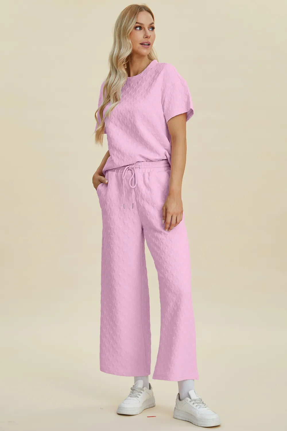 Double Take Full Size Texture Round Neck Short Sleeve Top and Pants Set - kinko