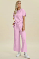 Double Take Full Size Texture Round Neck Short Sleeve Top and Pants Set - kinko