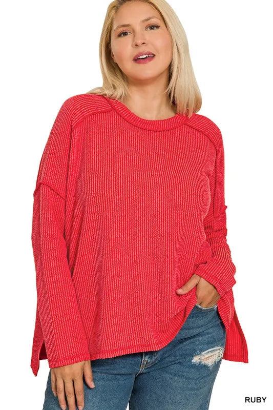 Zenana Full Size Exposed Seam Long Sleeve Corded Rib Knit Top Plus Size - kinko