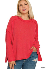 Zenana Full Size Exposed Seam Long Sleeve Corded Rib Knit Top Plus Size - kinko