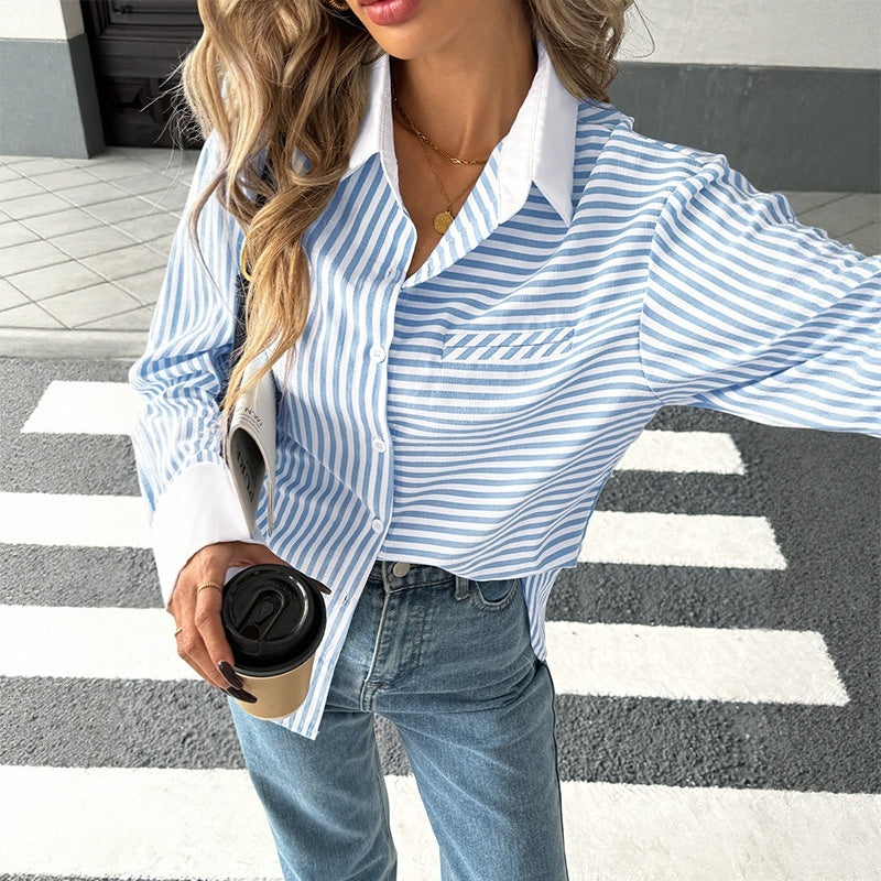 Striped Stitching Shirt For Women - kinko