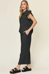 Double Take Texture Ruffle Short Sleeve Top and Drawstring Wide Leg Pants Set - kinko