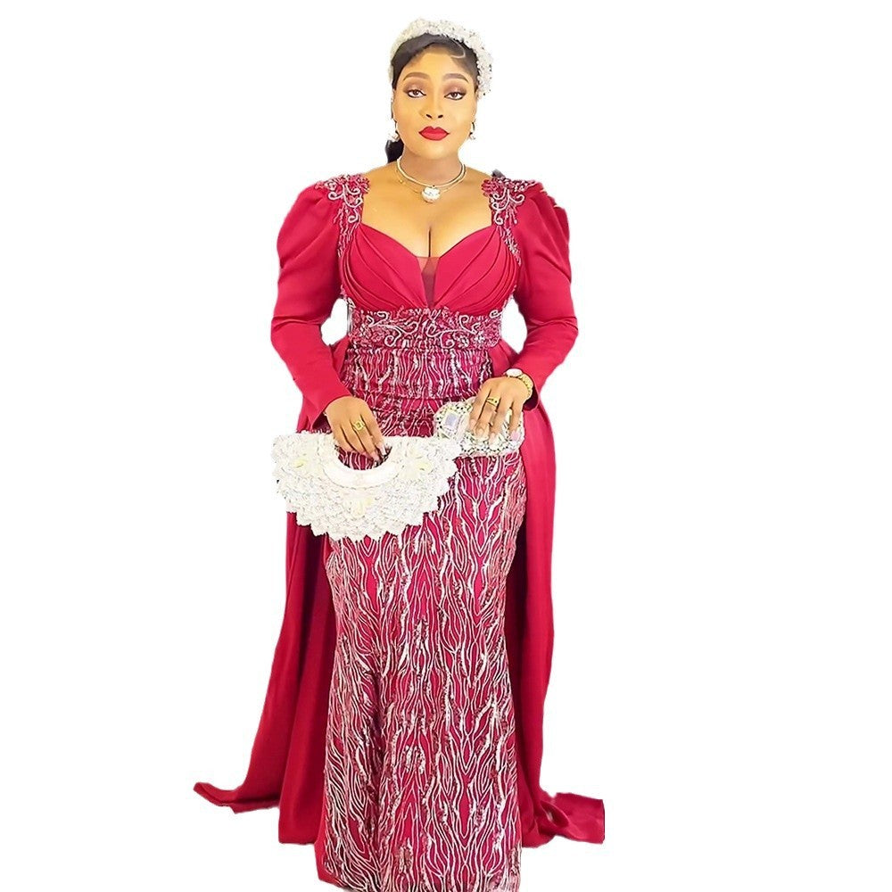 Plus Size Women's Dress V-neck Backless Sequined Evening Dress - kinko