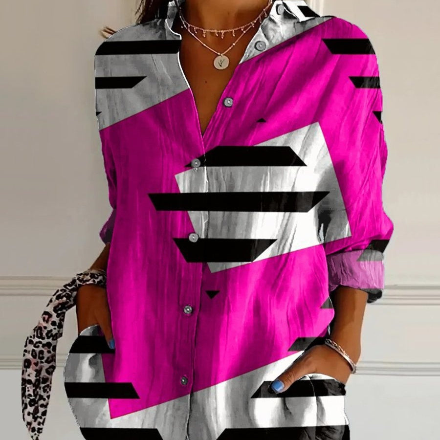 Striped Long-sleeved Shirt Women's Rainbow Cardigan Contrast Color Coat Lapel - kinko