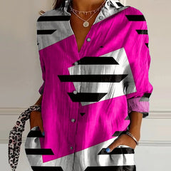 Striped Long-sleeved Shirt Women's Rainbow Cardigan Contrast Color Coat Lapel - kinko
