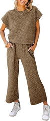 Fazortev Women's 2 Piece Outfits Quilted Lightweight Short Sleeve Tops And Cropped Pants Lounge Set - kinko