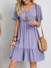 V-neck Short Sleeve Dress Summer Fashion Casual Loose Ruffled Dresses Beach Clothing Women - kinko