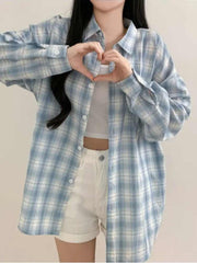 Blue Plaid Shirt For Women Loose Long Sleeve Jacket - kinko