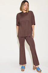 Basic Bae Full Size Bamboo Drop Shoulder T-Shirt and Flare Pants Set - kinko