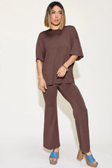 Basic Bae Full Size Bamboo Drop Shoulder T-Shirt and Flare Pants Set - kinko