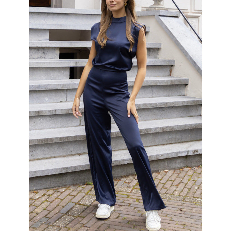 Backless Evening Dress Jumpsuit Solid Color Casual Straight Pants - kinko