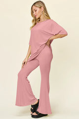 Double Take Full Size Round Neck Drop Shoulder T-Shirt and Flare Pants Set - kinko