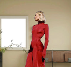 High Collar Solid Color European And American High-end Lace-up Design Dress - kinko