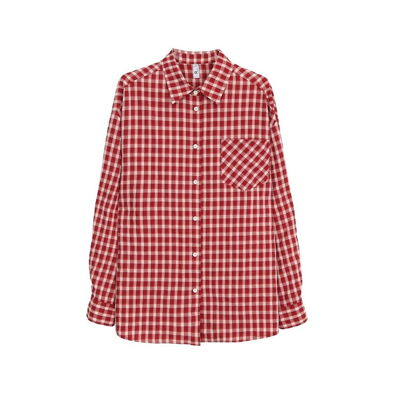 Red Plaid Shirt Cardigan Women's Long Sleeve Jacket - kinko