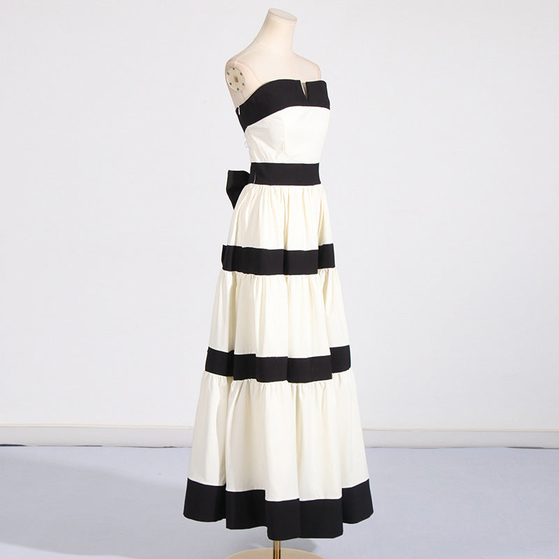 Tube Top Contrast Color Striped Bow Decoration Dress - kinko