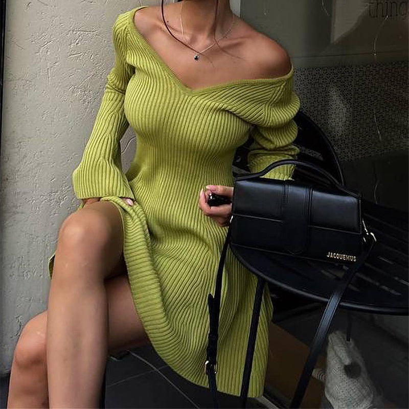 Sexy Slim V-Neck Long Sleeve Knitted Dress Fashion Tight High Elastic Ruffle A-Line Short Dresses Y2K Skirt Womens Clothing - kinko