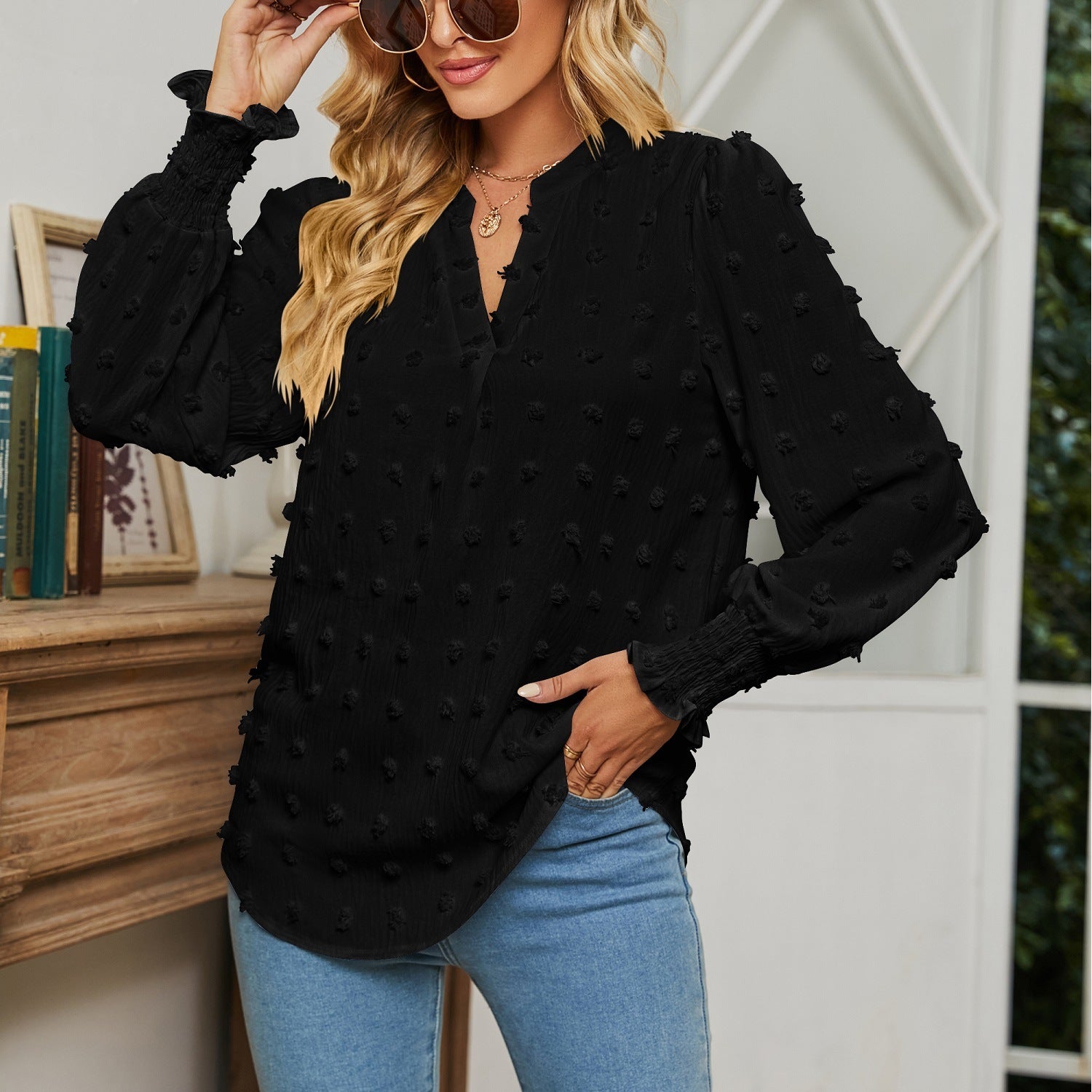 Dot Long-sleeved Bubble Sleeve V-neck Shirt Top - kinko