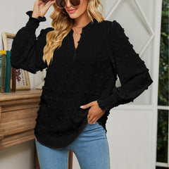 Dot Long-sleeved Bubble Sleeve V-neck Shirt Top - kinko